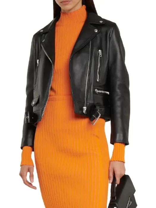 Slim Fit Belted Black Motorcycle Jacket For Women