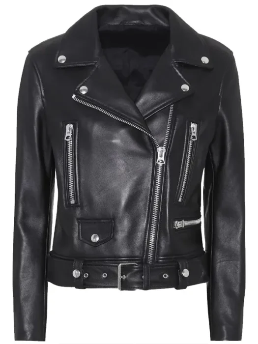 Slim Fit Women Belted Black Motorcycle Jacket