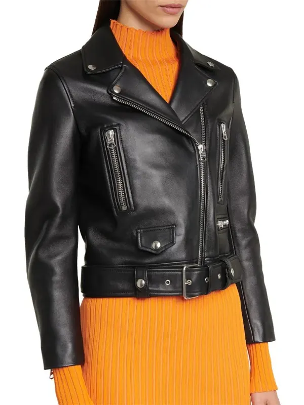 Women Slim Fit Belted Black Motorcycle Jacket