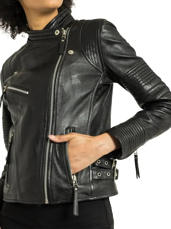 Women Slim Fit Biker Black Leather Jacket
