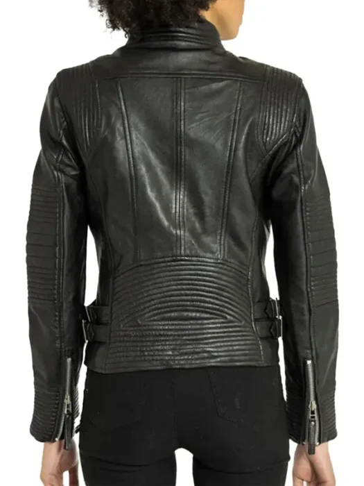 Women Slim Fit Biker Distressed Black Leather Jacket Back
