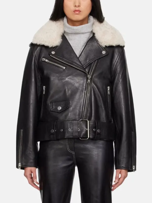 Women With Fur Collar Black Biker Leather Jacket