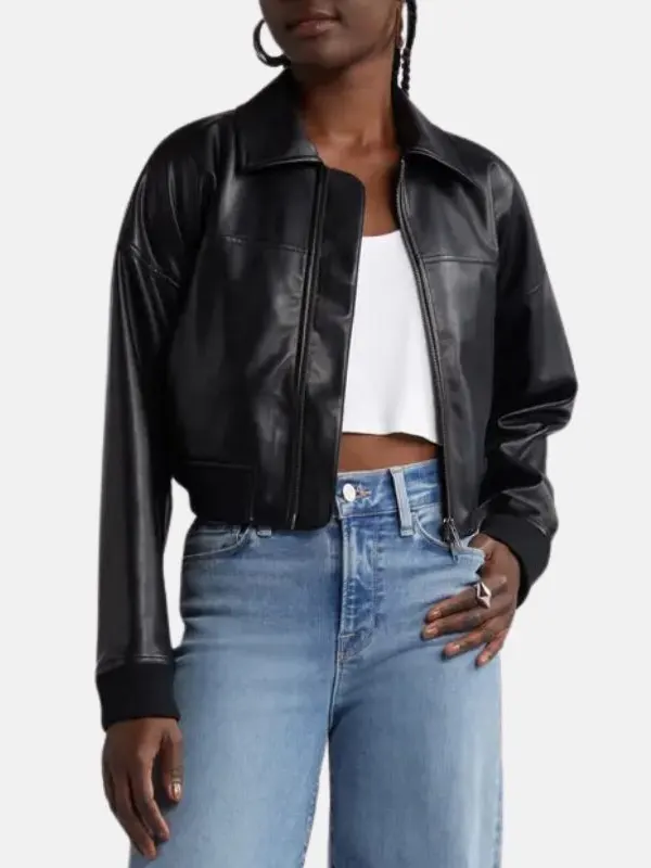 Womens Black Leather Bomber Jacket