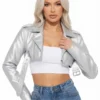 Womens Cropped Silver Faux Leather Jacket