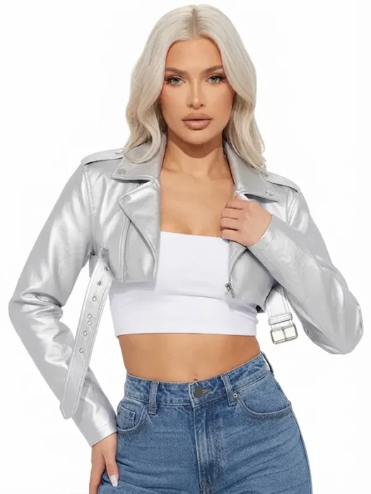 Womens Cropped Silver Faux Leather Jacket