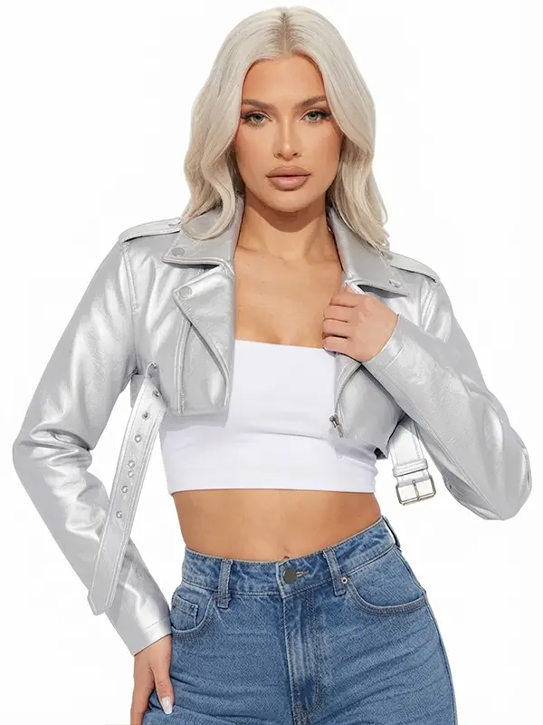 Womens Cropped Silver Faux Leather Jacket