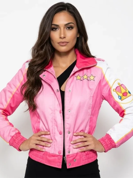 Womens Pink Racing Princess Bomber Leather Jacket