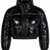 Zora Faux Patent Leather Cropped Puffer Jacket - Black