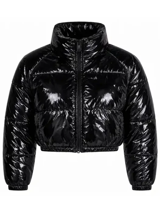 Zora Faux Patent Leather Cropped Puffer Jacket - Black