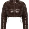Zora Faux Patent Leather Cropped Puffer Jacket - Chocolate