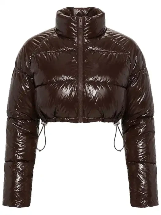 Zora Faux Patent Leather Cropped Puffer Jacket - Chocolate