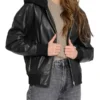 Black Hooded Leather Bomber Jacket