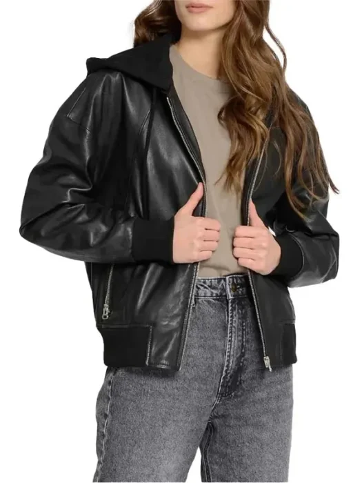 Black Hooded Leather Bomber Jacket