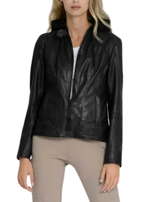 Black Hooded Leather Moto Jacket