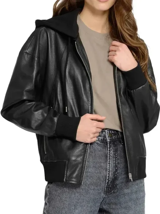 Black Leather Bomber Jacket with Removable Hood