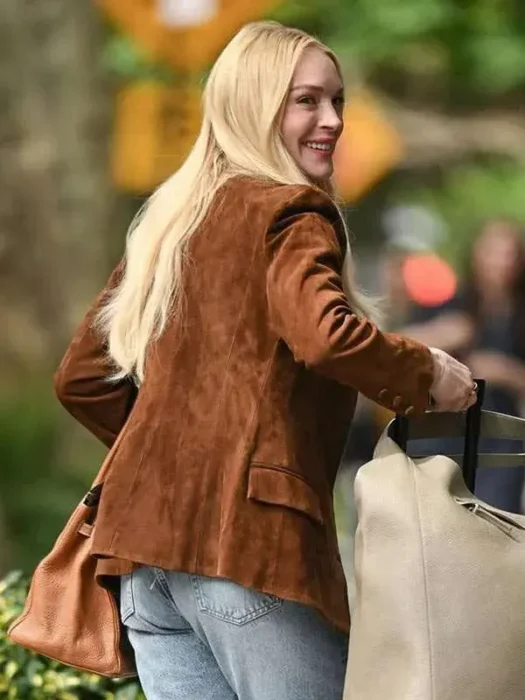 Count Me Lies Lindsay Lohan Brown Leather Blazer Back