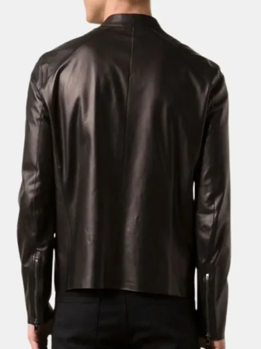 Dark Brown Plain Leather Biker Jacket Back