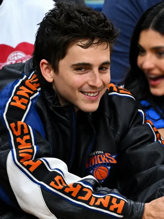 Date Night At Game Four Timothée Chalamet Black Knicks Jacket