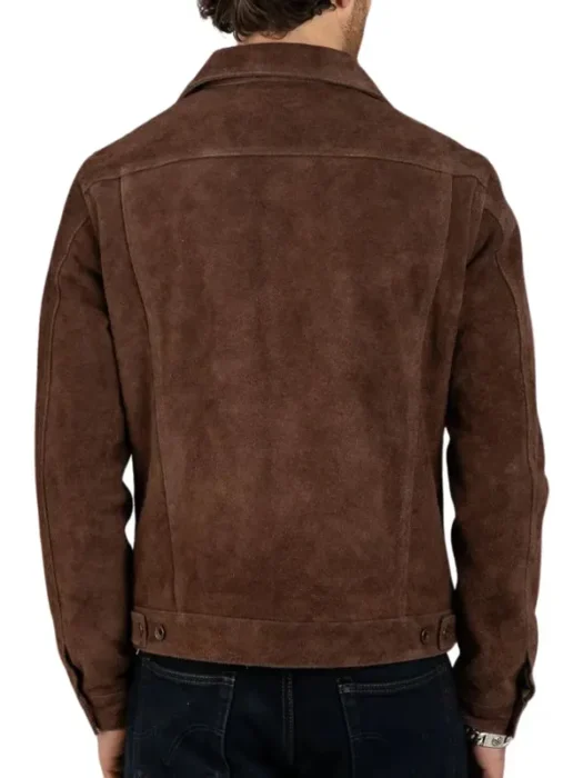 James Men’s Shirt Collar Dark Brown Suede Leather Trucker Jacket Back