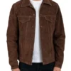 James Shirt Collar Dark Brown Suede Leather Trucker Jacket