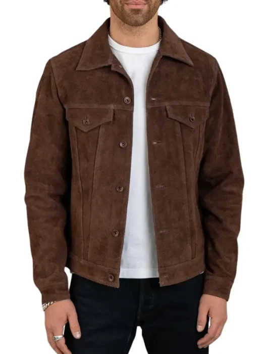 James Shirt Collar Dark Brown Suede Leather Trucker Jacket