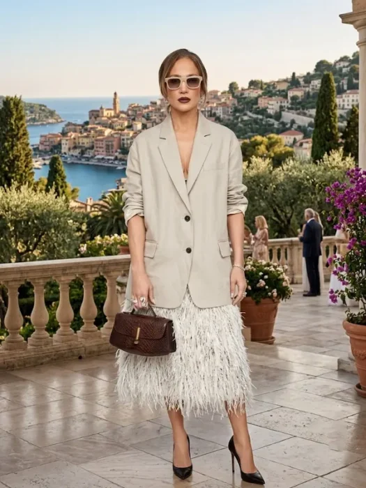 Jennifer Lopez Office Front Romance Promo 2026 Beige Blazer