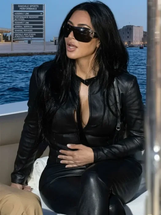 Kim Kardashian 2026 Monaco Grand Prix Black Leather Jacket
