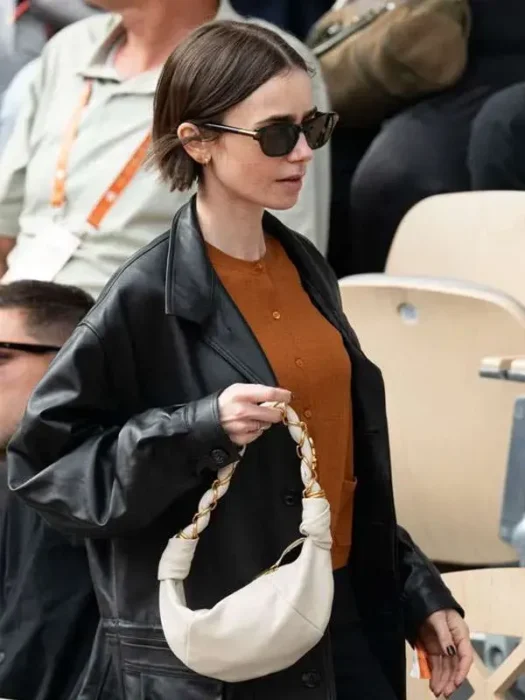 Lily Collins French Open Black Leather Jacket