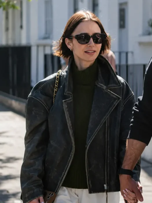 London 2026 Lily Collins Black Leather Jacket