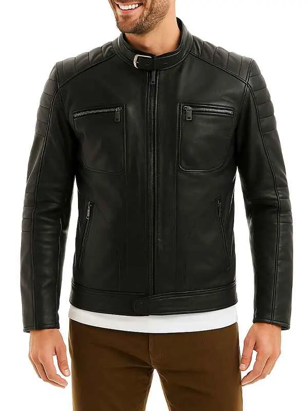 Mens Cafe Racer Retro Black Biker Jacket