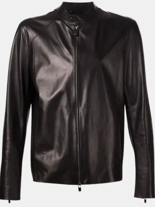 Mens Dark Brown Plain Leather Biker Jacket