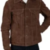 Men’s Shirt Collar Dark Brown Suede Leather Trucker Jacket