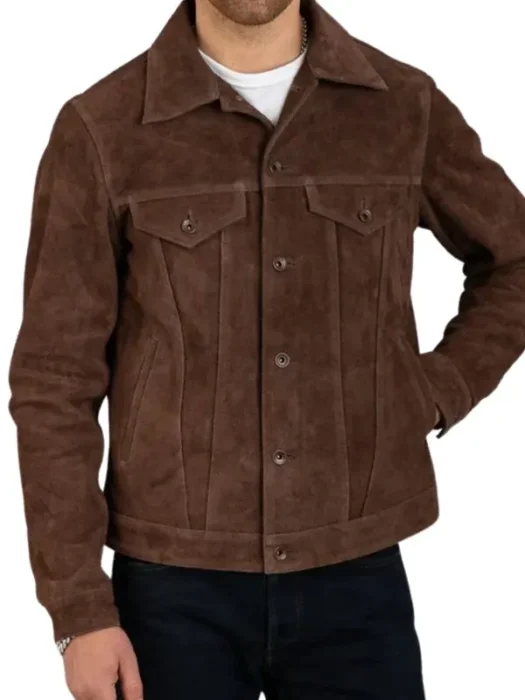 Men’s Shirt Collar Dark Brown Suede Leather Trucker Jacket