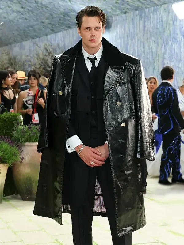 Met Gala Bill Skarsgard Black Leather Coat