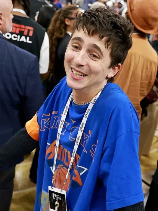 Timothee Chalamet 2026 NBA Finals Blue shirt