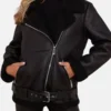 Womens Biker Aviator Black Shearling Leather Jacket