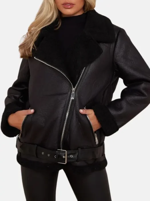 Womens Biker Aviator Black Shearling Leather Jacket