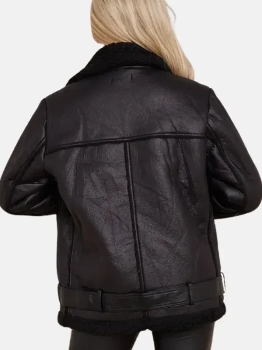 Womens Biker Aviator Black Shearling Leather Jacket Back
