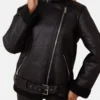 Womens Biker Aviator Shearling Black Leather Jacket
