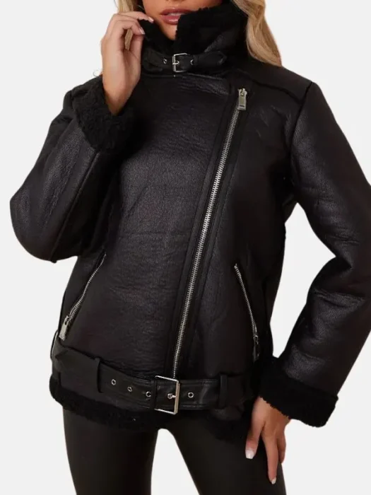 Womens Biker Aviator Shearling Black Leather Jacket