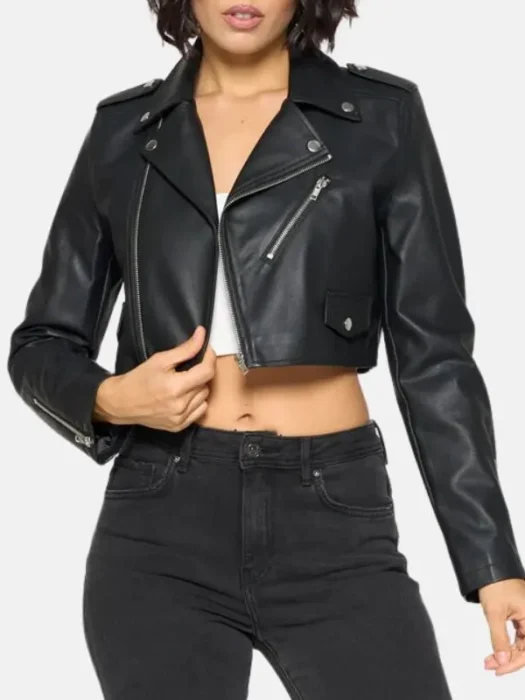 Womens Biker Cropped Black Jacket