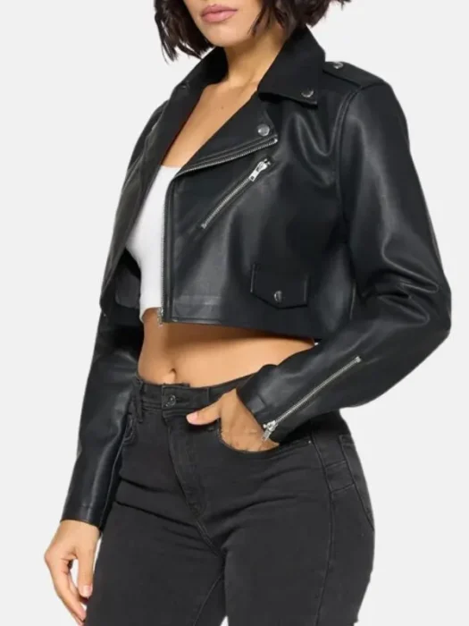 Womens Biker Cropped Black Leather Jacket