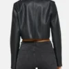Womens Biker Cropped Black Leather Jacket Back