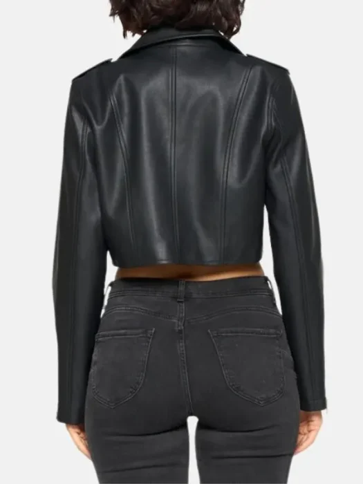 Womens Biker Cropped Black Leather Jacket Back
