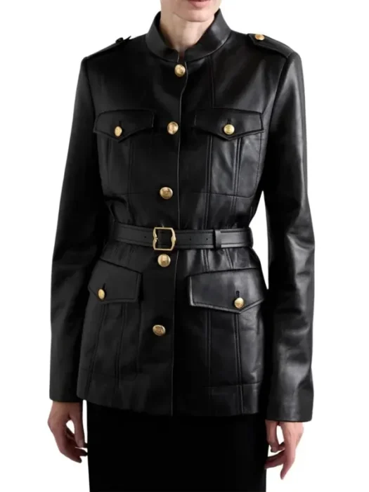 Women’s Black Buckle Belt Leather Jacket