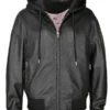 Women’s Black Hooded Leather Bomber Jacket with Removable Hood