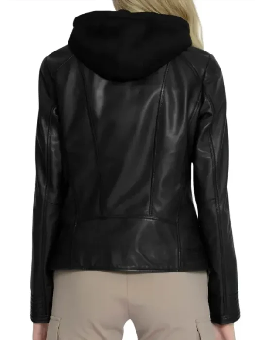 Women’s Black Hooded Leather Moto Jacket Back