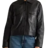 Womens Cropped Black Leather Trucker Jacket