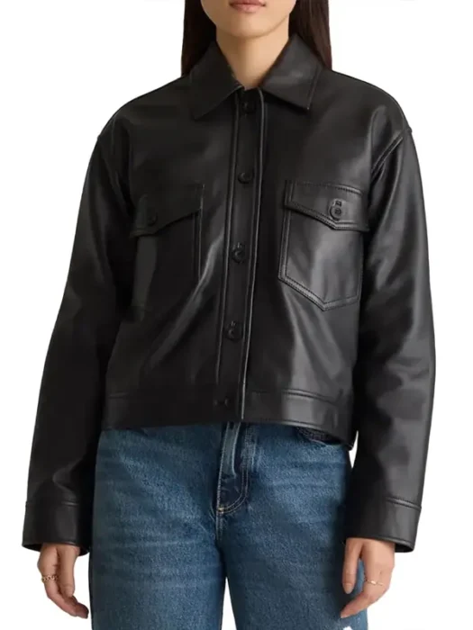 Womens Cropped Black Leather Trucker Jacket