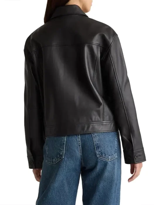 Womens Cropped Black Leather Trucker Jacket Back
